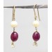 Dangle Drop Earrings Real 14K (585) Yellow Gold Natural Ruby & Freshwater Pearl Gem Stone Handmade Gift Women E334